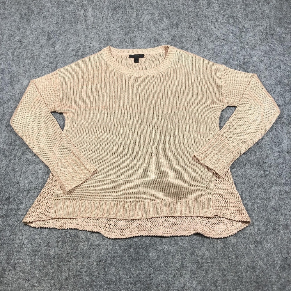 J Crew Sweater Womens XS Beige Linen Open Knit High Low Hem Tunic Pullover